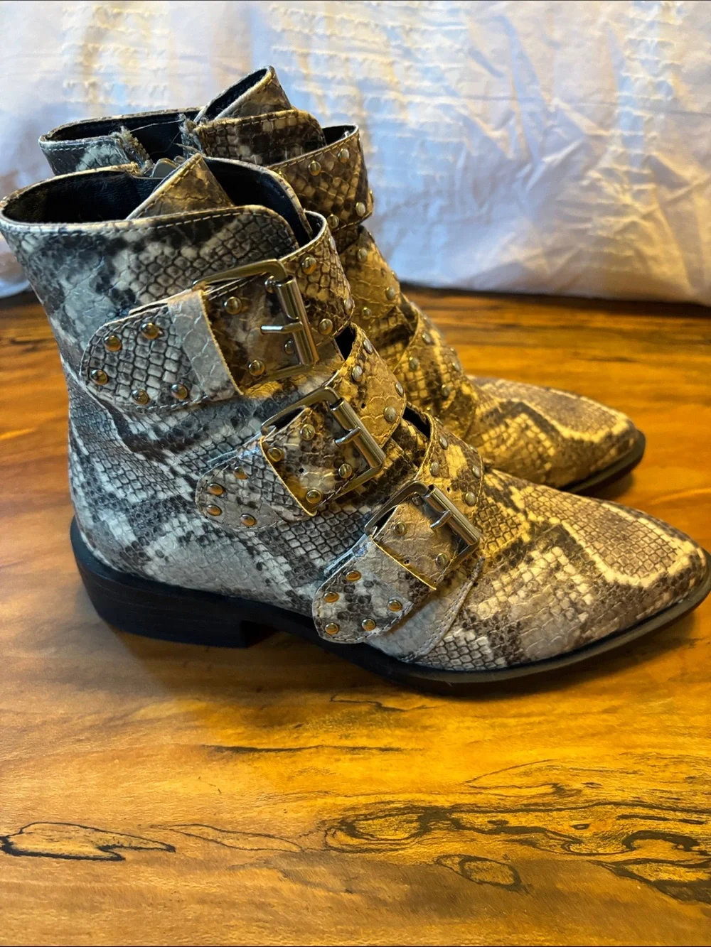 Studded Snake-Print Buckle Ankle Boots in Gray and Cream Size 6